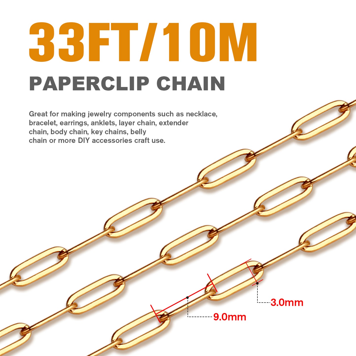 33 Feet Stainless Steel Paperclip Chains Roll Bulk for Jewelry Making