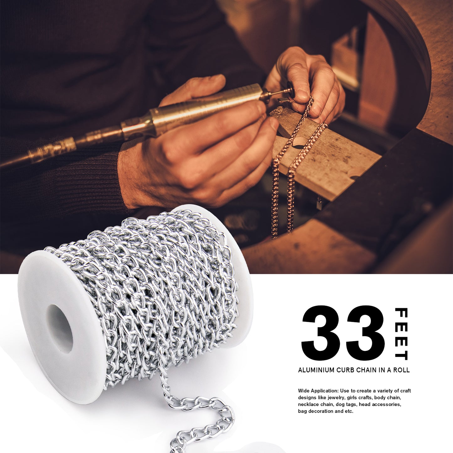 33 Feet Gold/Silver Plated Aluminium Curb Cuban Chains Roll Spool